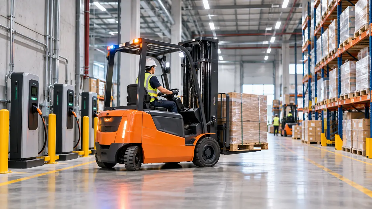 Hình minh họa ứng dụng: Xe nâng & kho vận. Tính đến ca vận hành, sạc, nhiệt độ và tải thực tế.